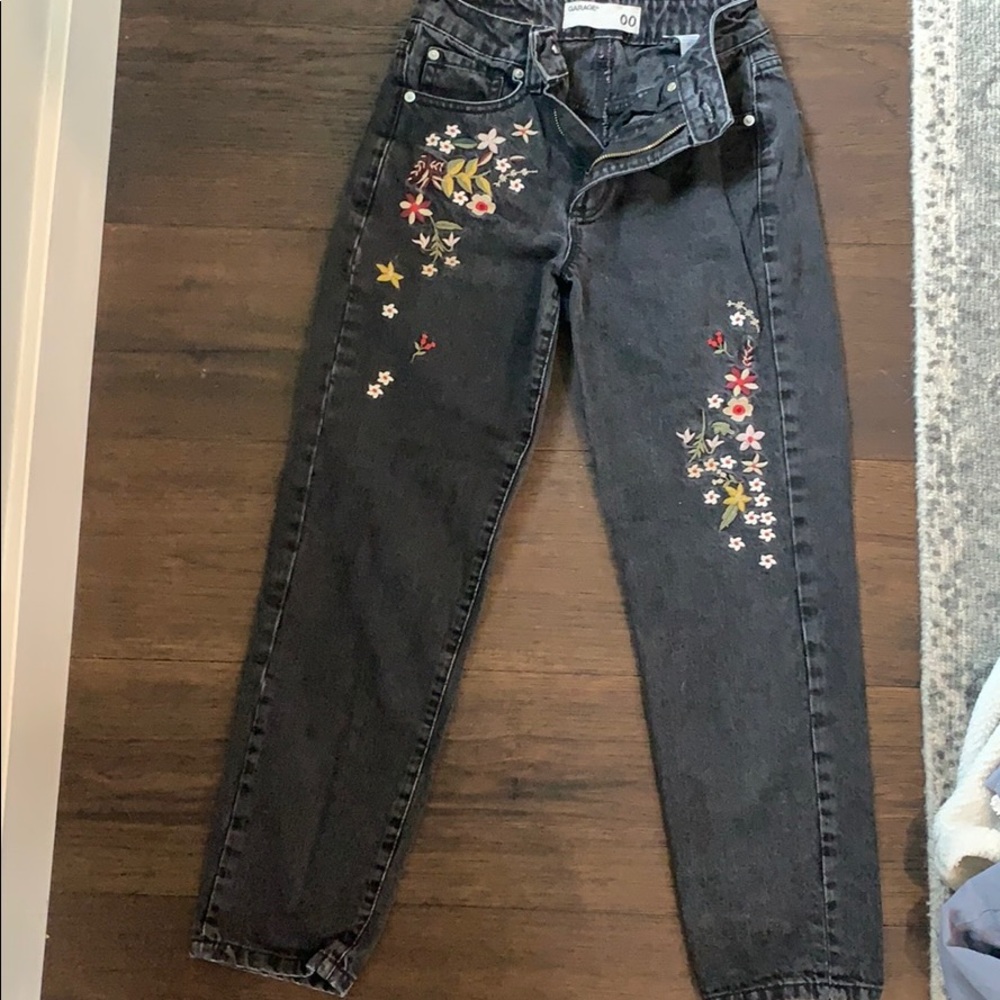 Garage black wash floral embroidered Mom jeans